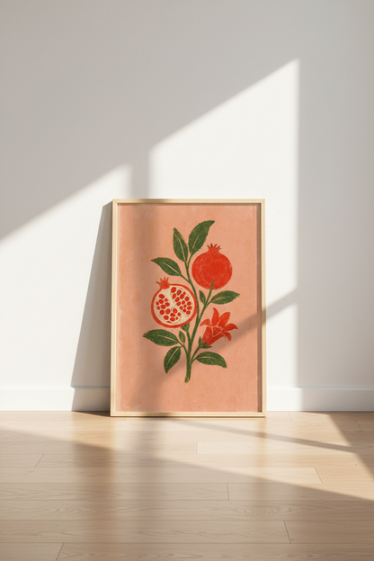Pomegranate Botanical Wall Art | Red Fruit Folk Art Print, Kitchen Decor