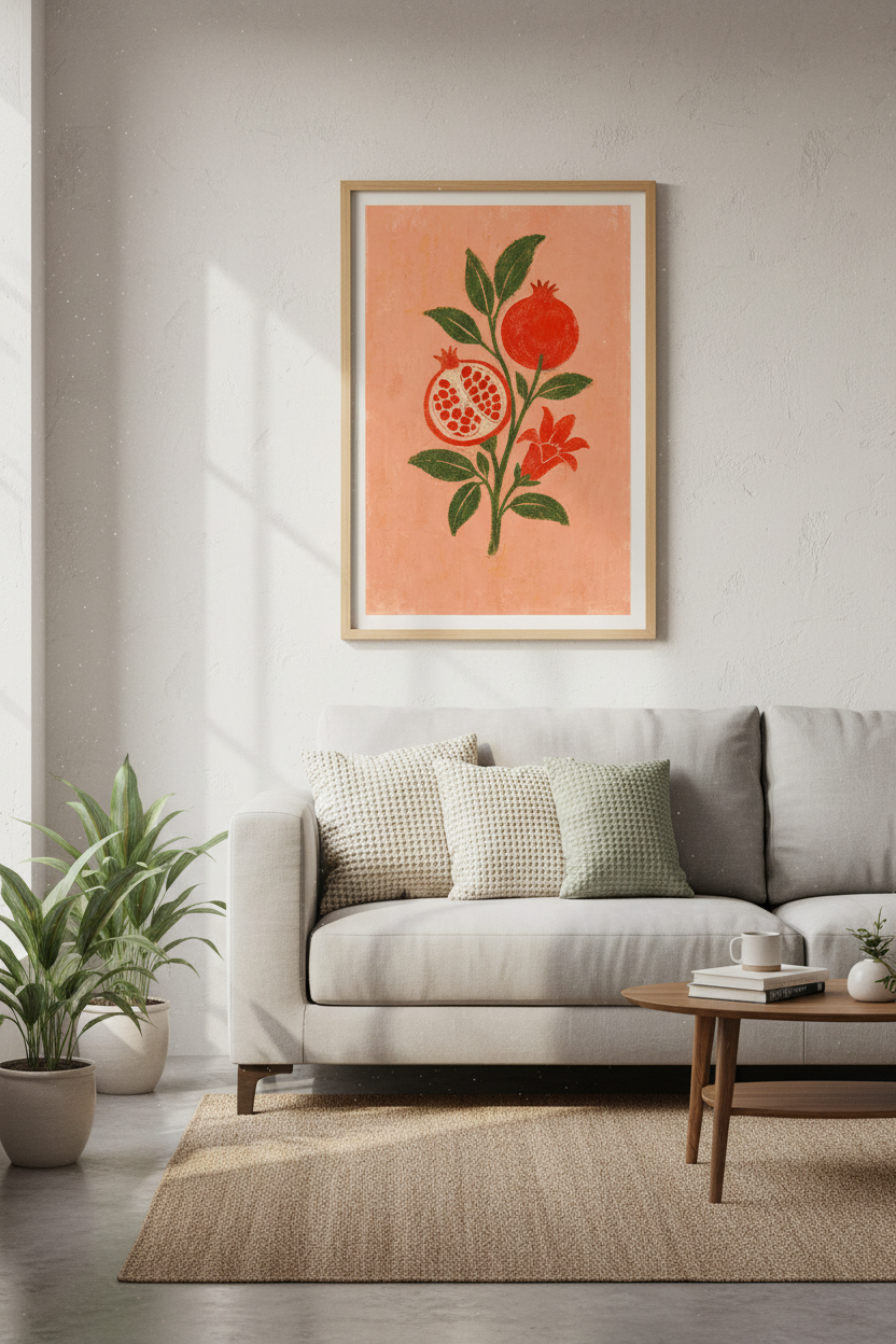 Pomegranate Botanical Wall Art | Red Fruit Folk Art Print, Kitchen Decor