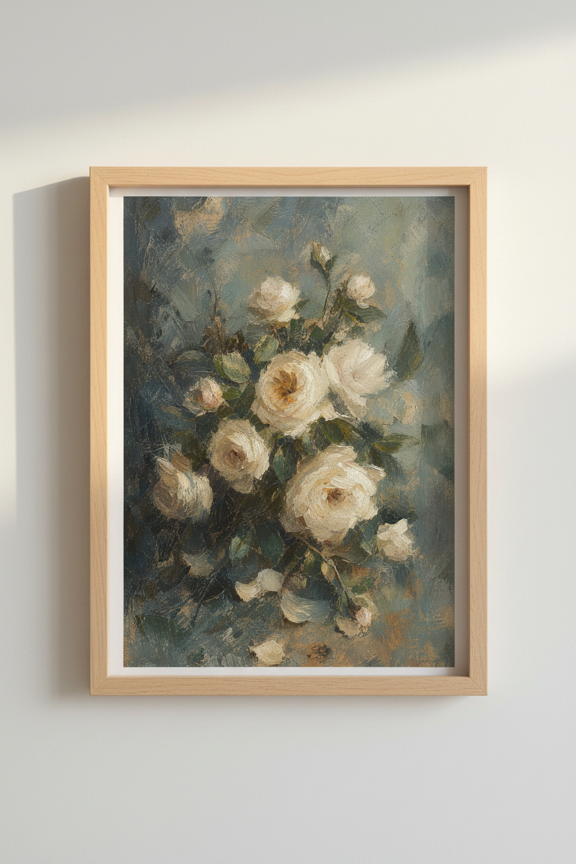 Impressionist White Rose Wall Art Print | Living Room Decor | Vintage Floral Poster