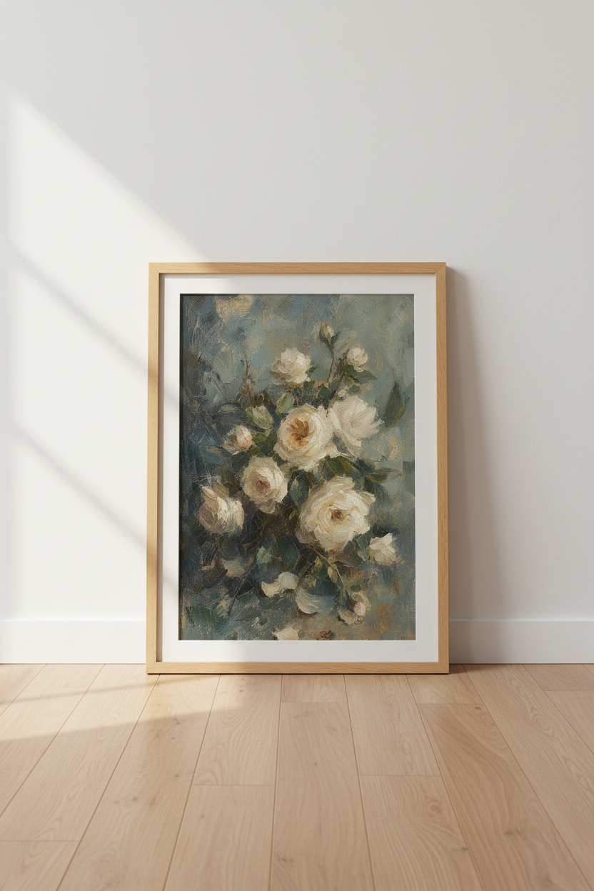 Impressionist White Rose Wall Art Print | Living Room Decor | Vintage Floral Poster