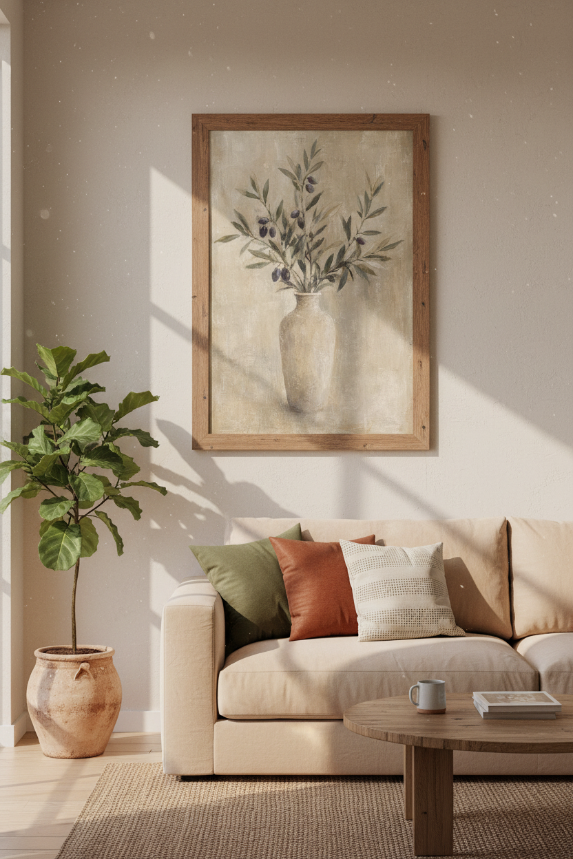 Olive Branch in Vase Wall Art | Rustic Neutral Botanical, Modern Farmhouse Decor