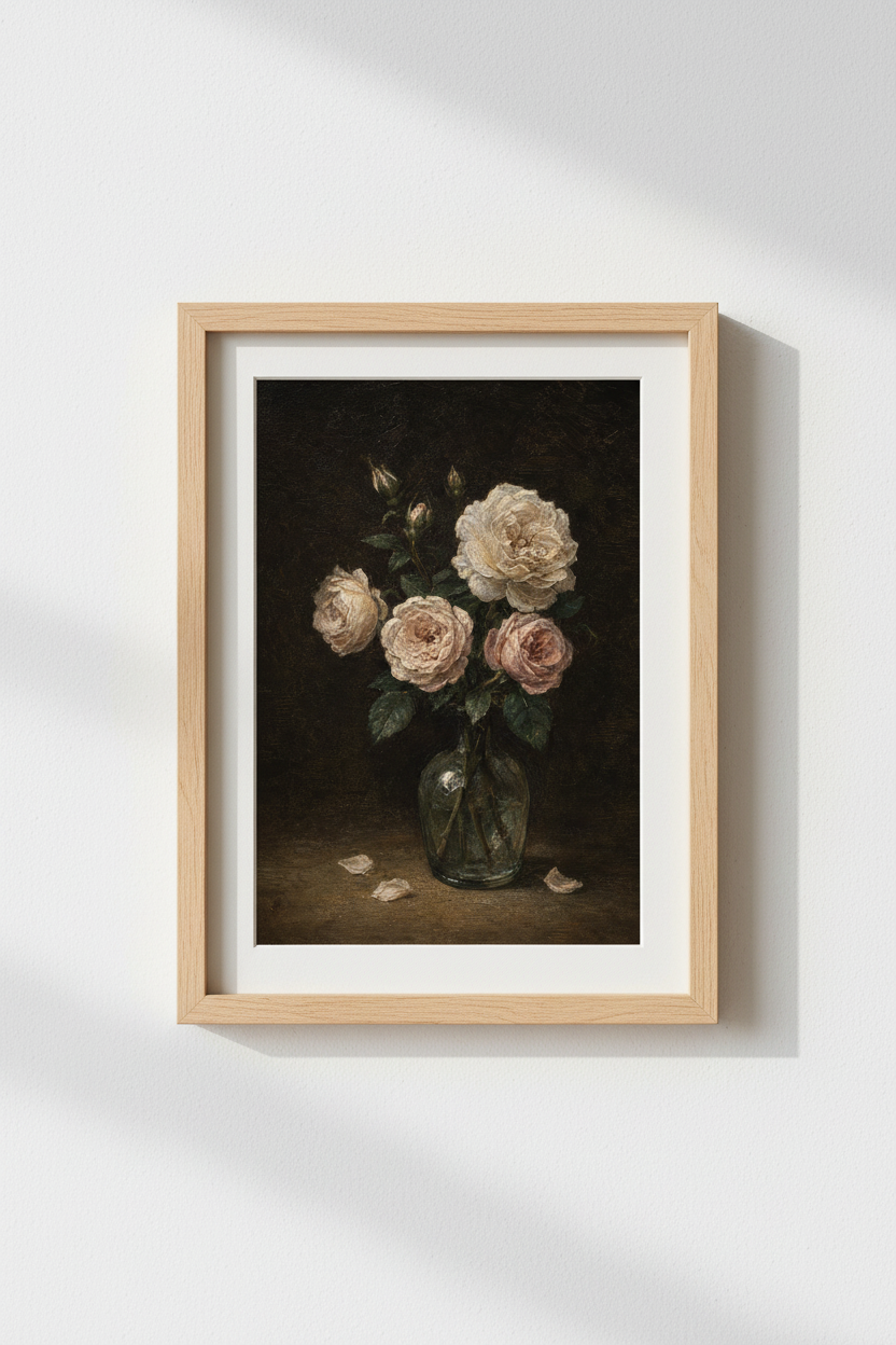 Vintage Rose Print | Oil Painting, Dark Backdrop Living Room Decor