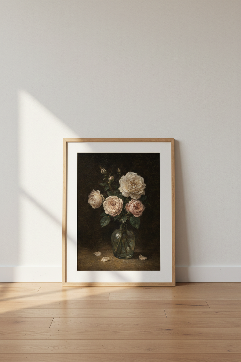 Vintage Rose Print | Oil Painting, Dark Backdrop Living Room Decor