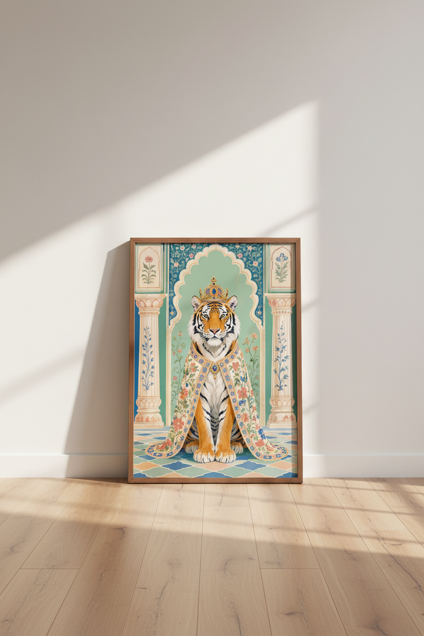 Royal Tiger Portrait | Indian Style Pastel Art, Maximalist Living Room Decor