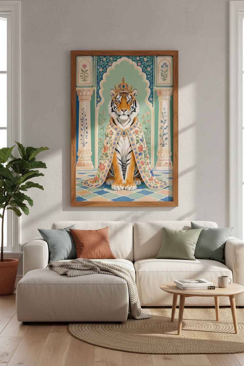 Royal Tiger Portrait | Indian Style Pastel Art, Maximalist Living Room Decor