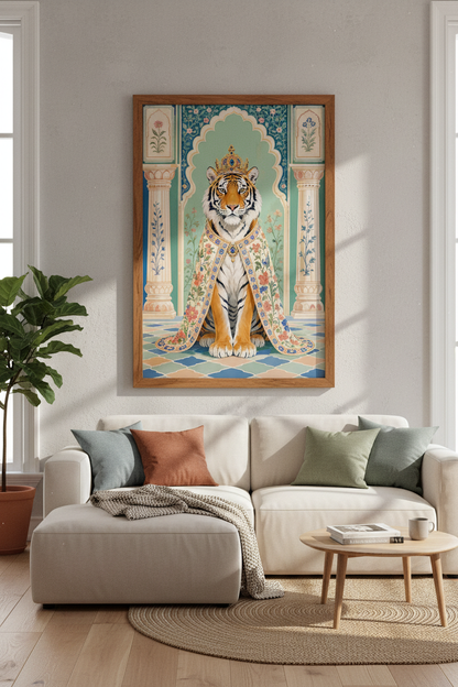 Royal Tiger Portrait | Indian Style Pastel Art, Maximalist Living Room Decor