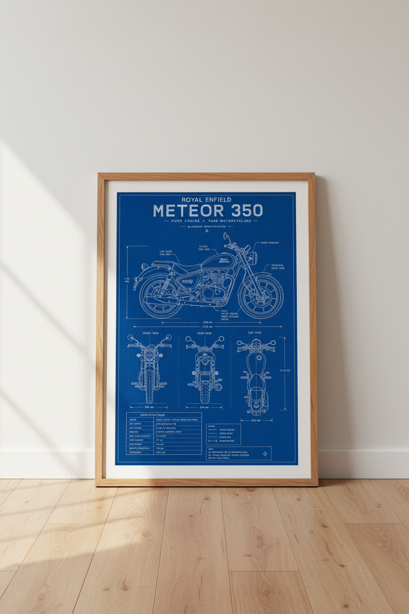 Royal Enfield Meteor 350 Blueprint Wall Art | Garage Decor | Industrial Poster Print