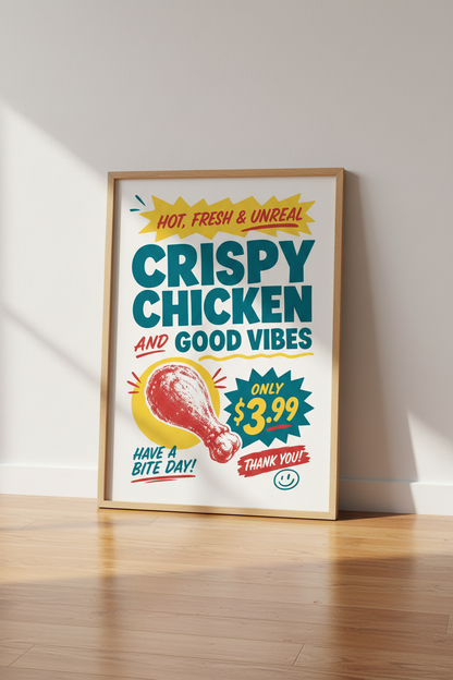 Retro Crispy Chicken Wall Art Print | Kitchen Foodie Decor | Kitsch Pop Art Poster