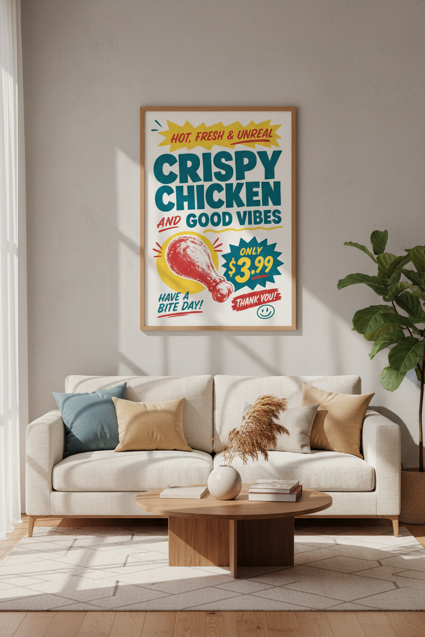 Retro Crispy Chicken Wall Art Print | Kitchen Foodie Decor | Kitsch Pop Art Poster