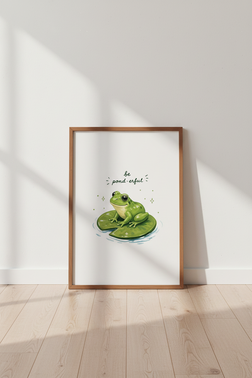 Cute Frog Be Pond-erful Wall Art | Green Cottagecore Decor | Nursery Poster