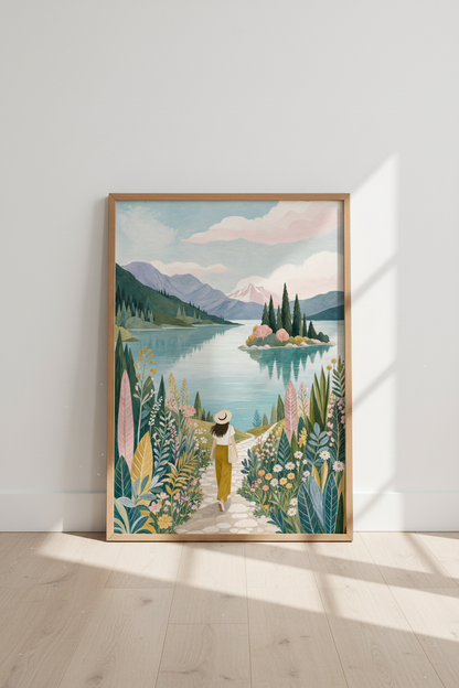 Mountain Lake Landscape Art | Pastel Botanical Print, Serene Nature Decor