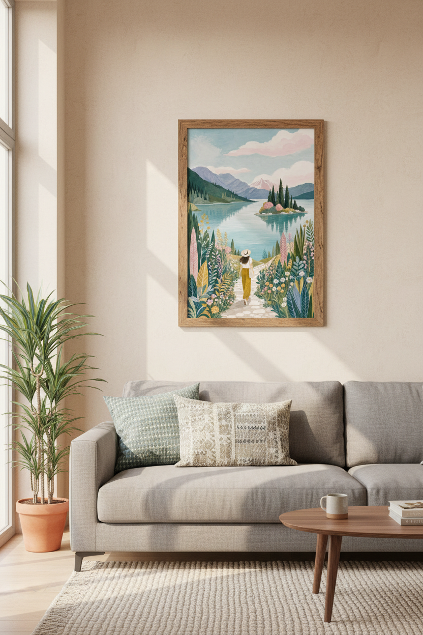 Mountain Lake Landscape Art | Pastel Botanical Print, Serene Nature Decor