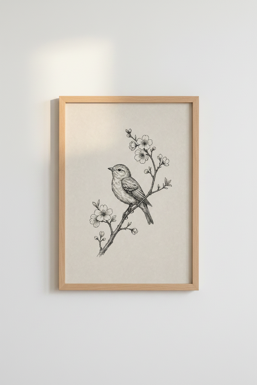 Bird on Branch Wall Art | Vintage Ink Sketch, Nature Nursery Decor Poster