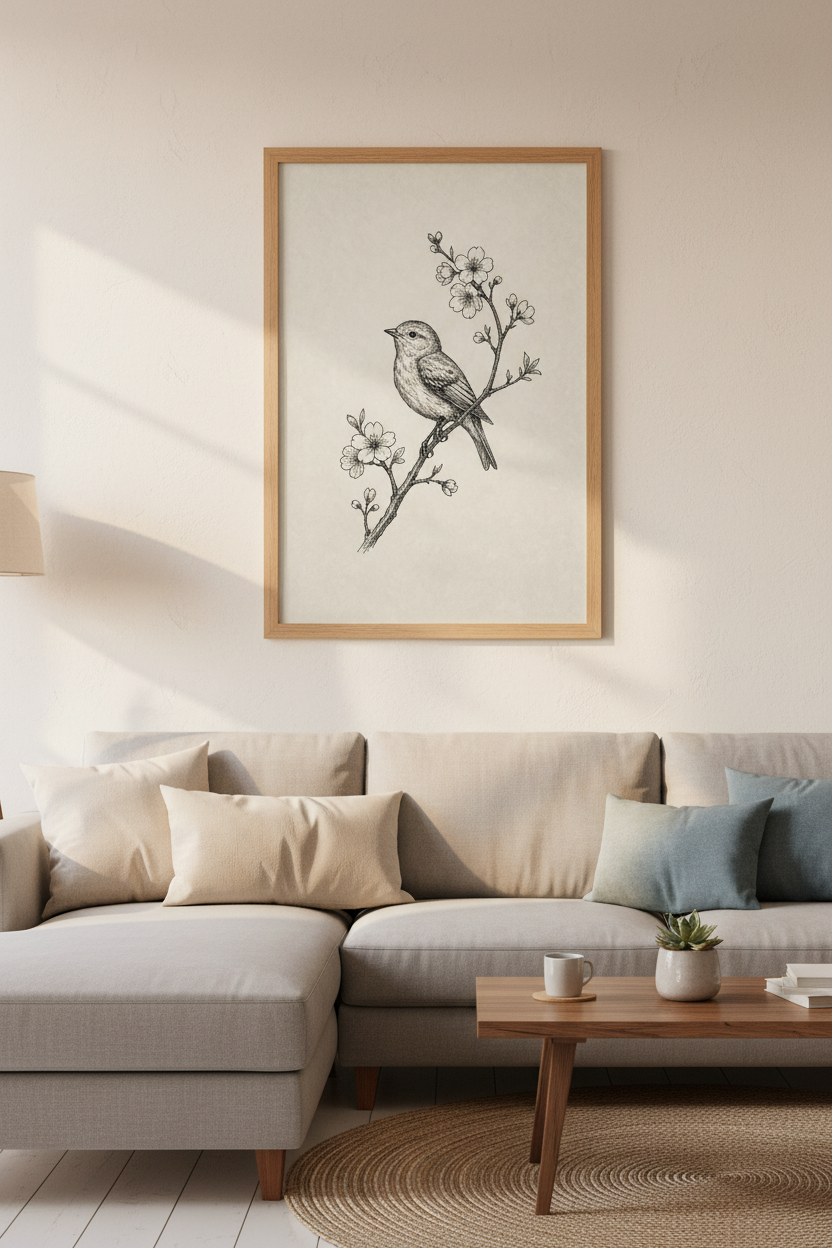 Bird on Branch Wall Art | Vintage Ink Sketch, Nature Nursery Decor Poster
