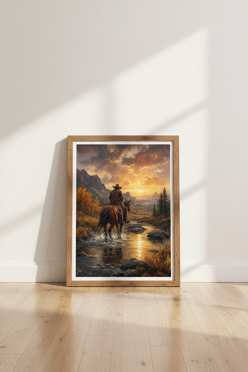 Western Cowboy Landscape | Sunset Mountain Oil Painting, Rustic Cabin Decor
