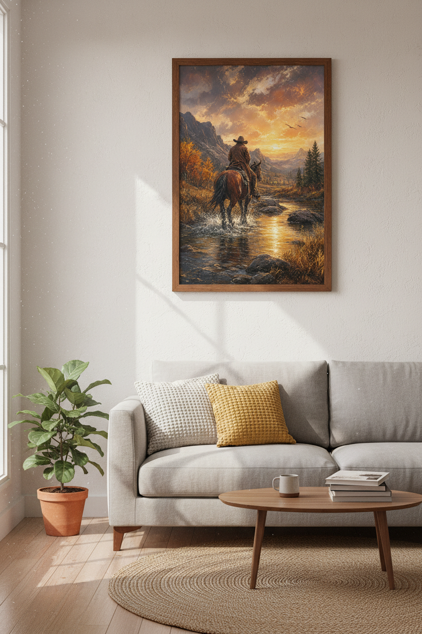 Western Cowboy Landscape | Sunset Mountain Oil Painting, Rustic Cabin Decor