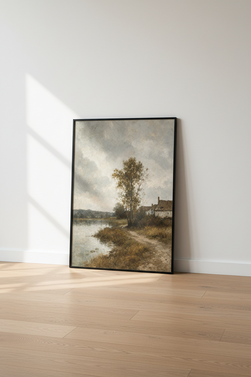 Vintage Landscape Oil Painting | Moody Lake Cottage, Dark Academia Wall Art