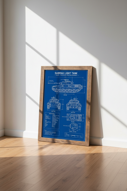 Sabrah Light Tank Blueprint Wall Art | Military Office Decor | Blue Technical Poster