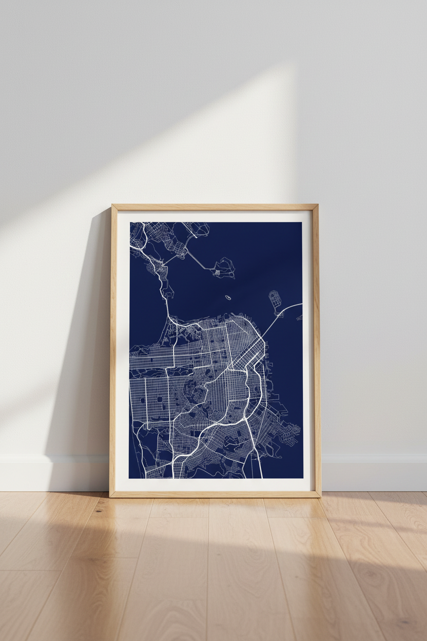 San Francisco City Map Wall Art | Navy Blue Minimalist Poster | Office Decor