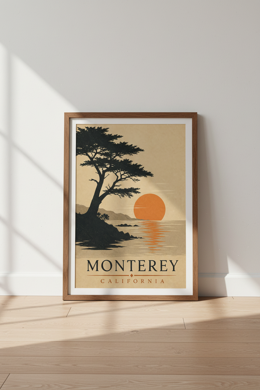Monterey California Travel Poster | Vintage Coastal Wall Art, Retro Sun Print