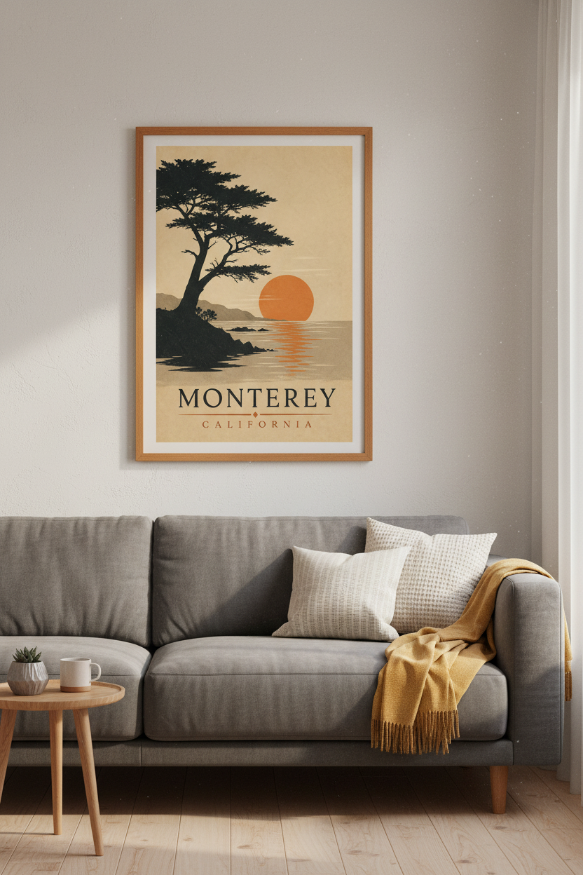 Monterey California Travel Poster | Vintage Coastal Wall Art, Retro Sun Print