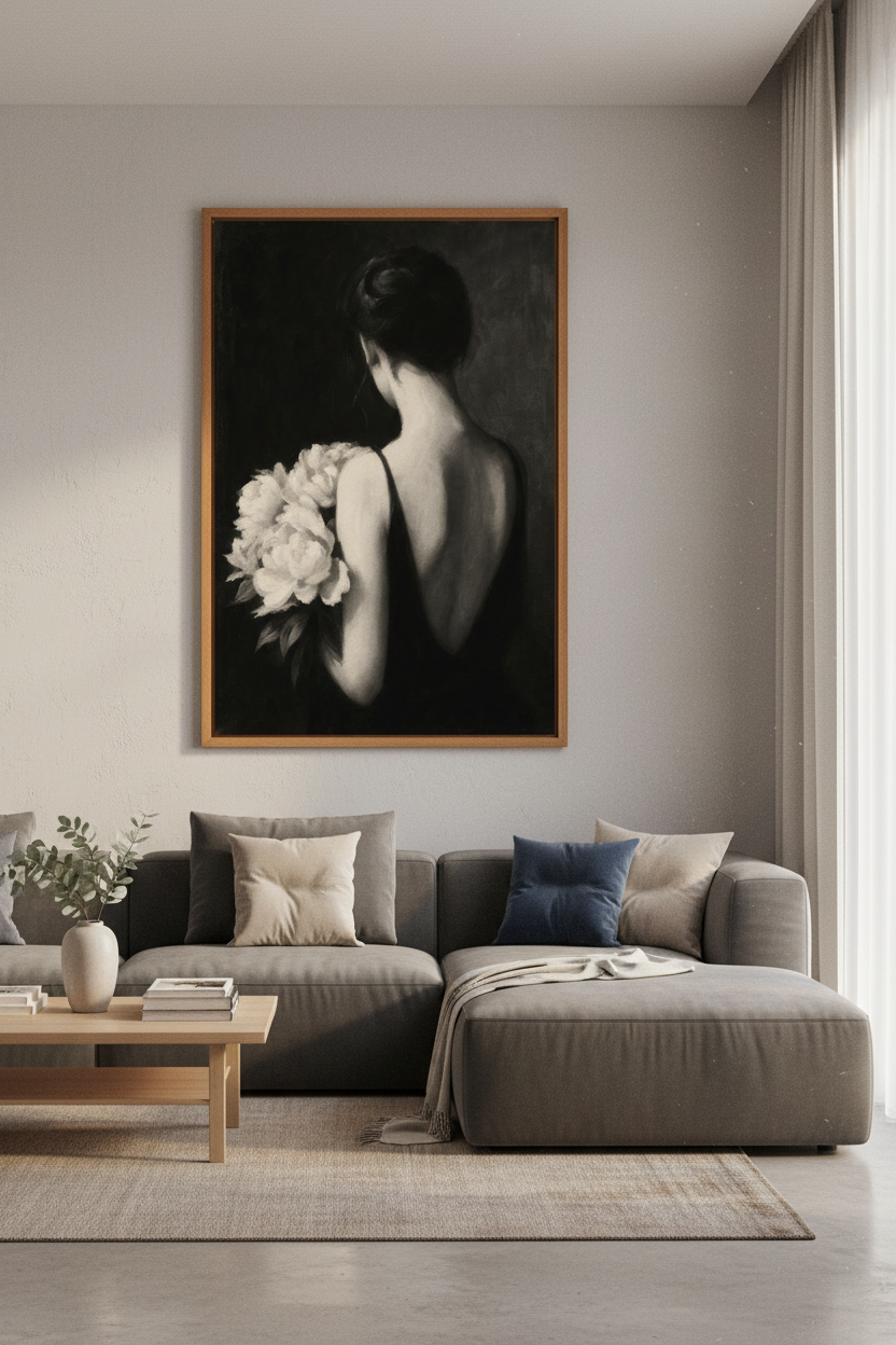 Woman with Peonies Wall Art Print | Charcoal Noir Portrait | Dark Academia Decor