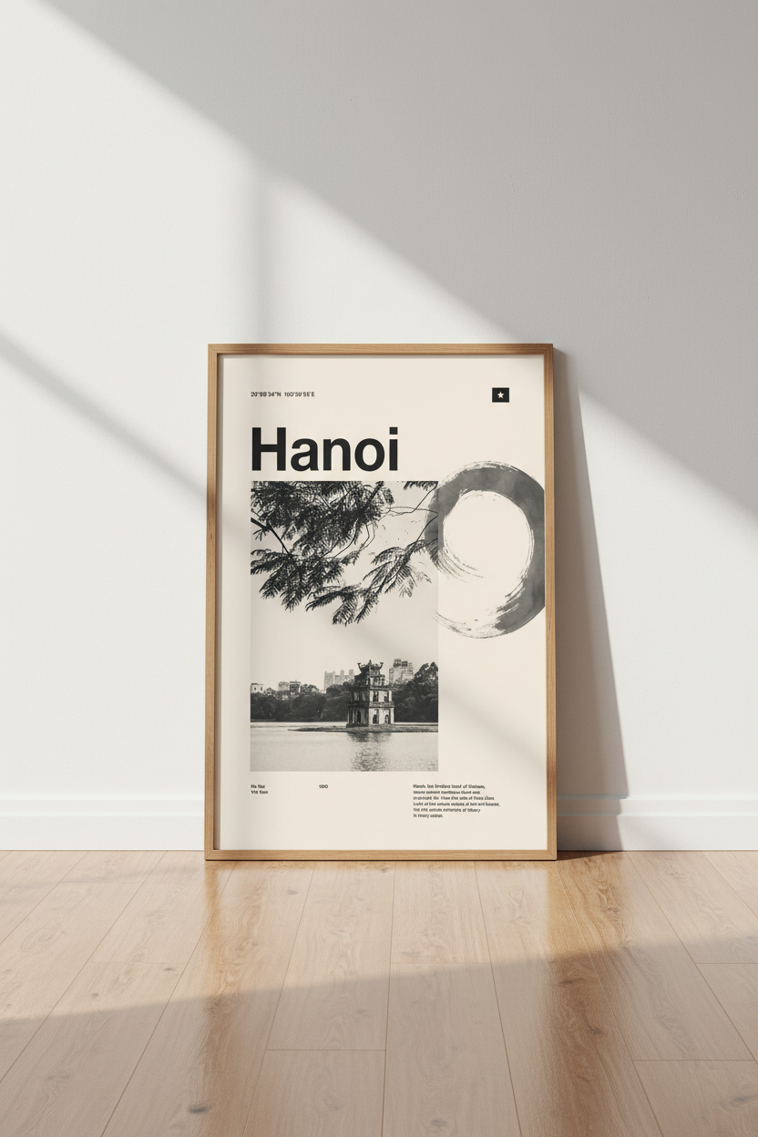 Hanoi Vietnam Wall Art | Minimalist Black and White Travel Poster, Office Decor