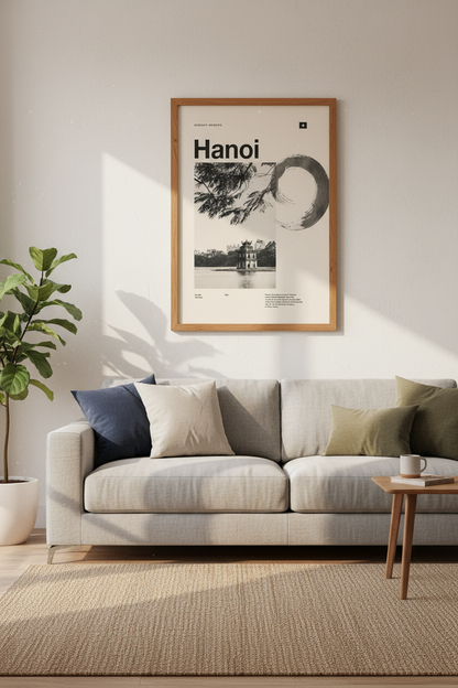 Hanoi Vietnam Wall Art | Minimalist Black and White Travel Poster, Office Decor