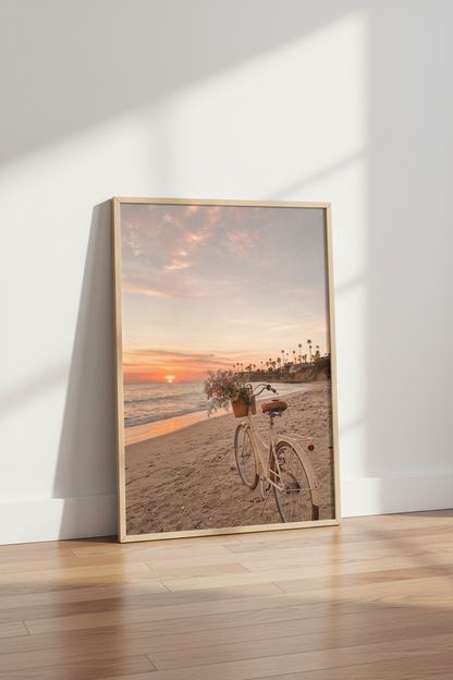 Beach Sunset Bicycle Wall Art | Coastal Pink Sunset Poster, Boho Bedroom Decor