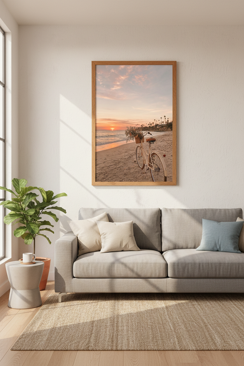 Beach Sunset Bicycle Wall Art | Coastal Pink Sunset Poster, Boho Bedroom Decor