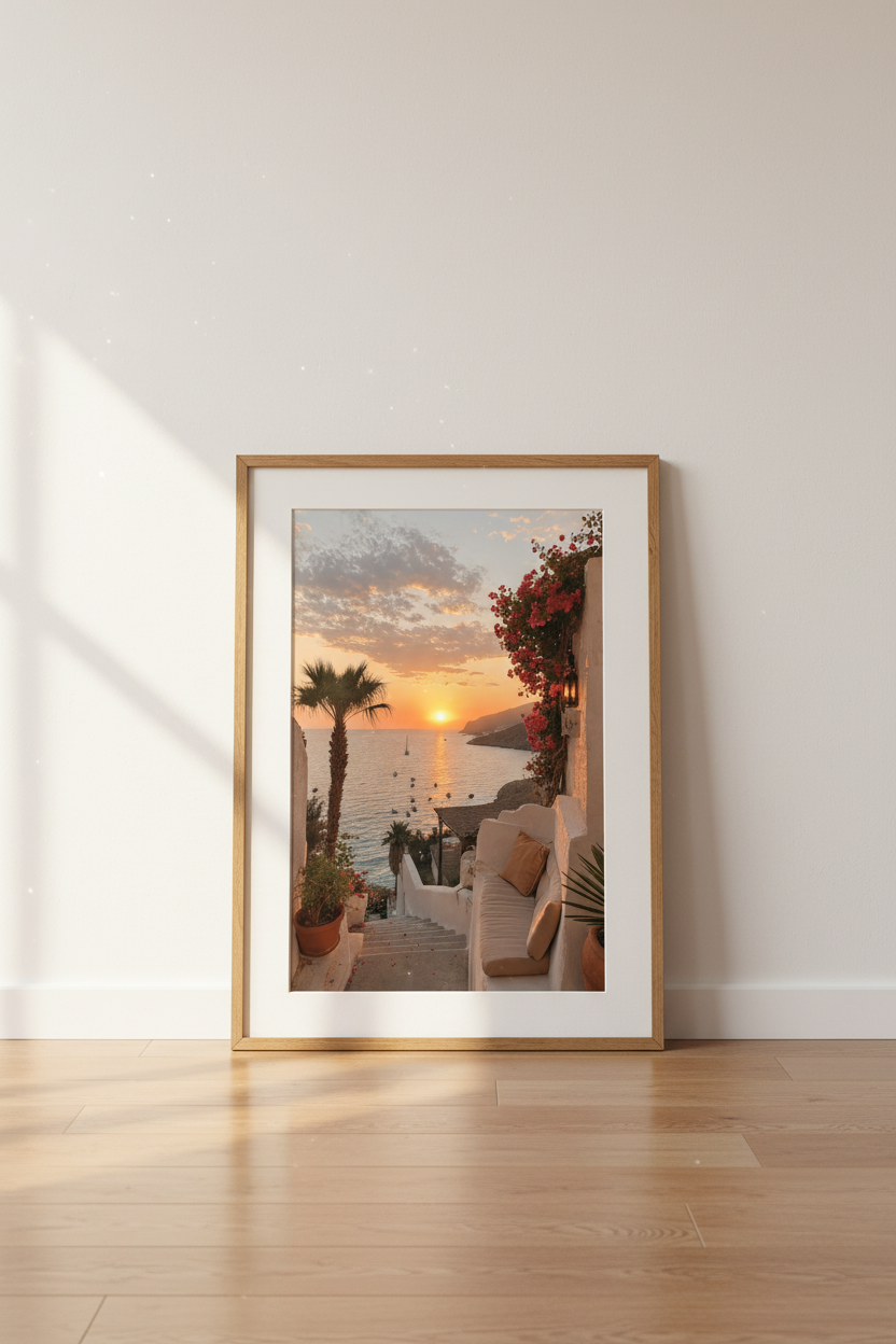 Mediterranean Sunset Wall Art | Coastal Greek Landscape, Boho Living Room Decor