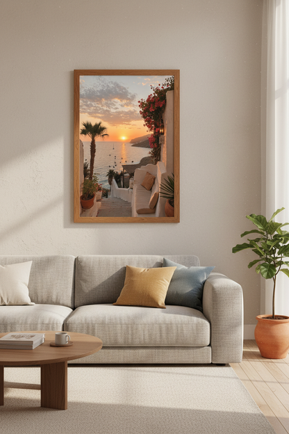 Mediterranean Sunset Wall Art | Coastal Greek Landscape, Boho Living Room Decor