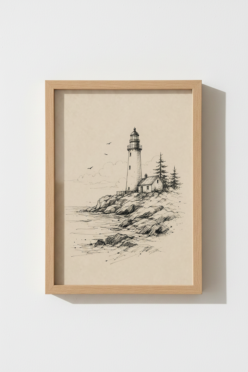 lighthouse wall art | Sketchy line drawing, sepia tone, living room decor