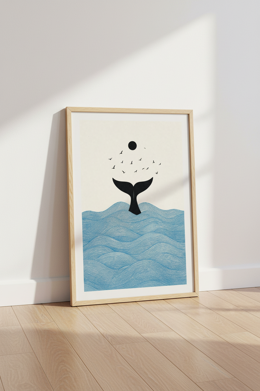 Minimalist Whale Tail Wall Art | Blue Coastal Ocean Print, Modern Zen Decor