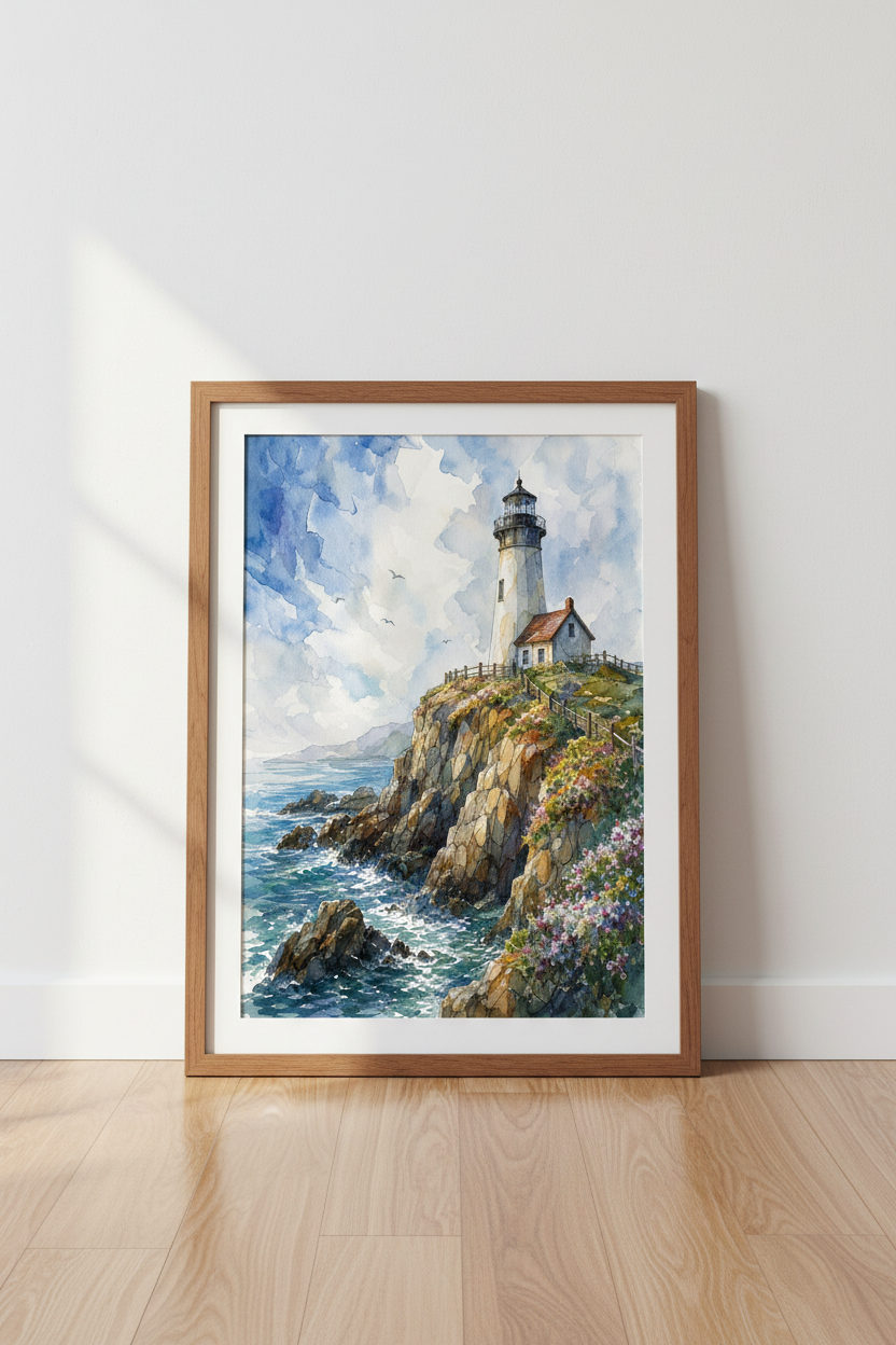Watercolor Lighthouse Wall Art | Blue Coastal Landscape Print | Nautical Room Decor