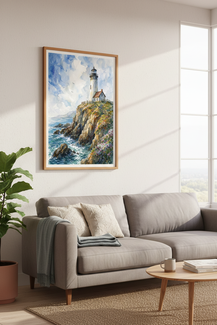 Watercolor Lighthouse Wall Art | Blue Coastal Landscape Print | Nautical Room Decor