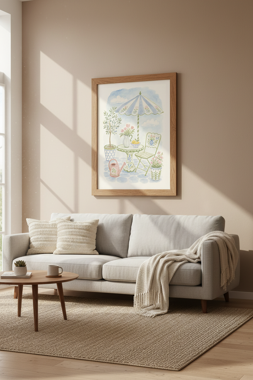 Mediterranean Patio Watercolor Art | Blue &amp; Green Coastal Decor, Kitchen Wall Print
