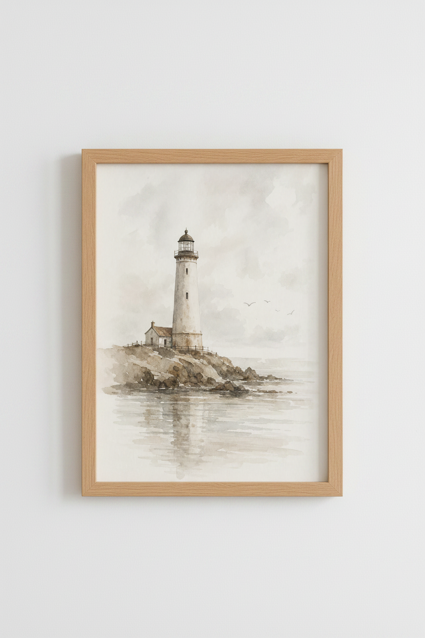 Lighthouse Watercolor Wall Art | Neutral Coastal Decor, Beach House Print