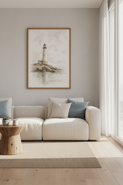 Lighthouse Watercolor Wall Art | Neutral Coastal Decor, Beach House Print