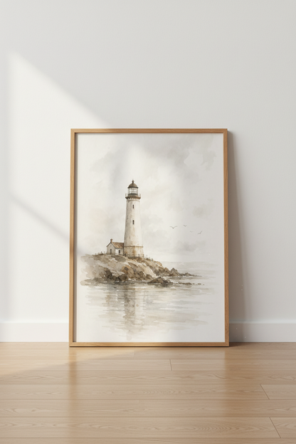 Lighthouse Watercolor Wall Art | Neutral Coastal Decor, Beach House Print