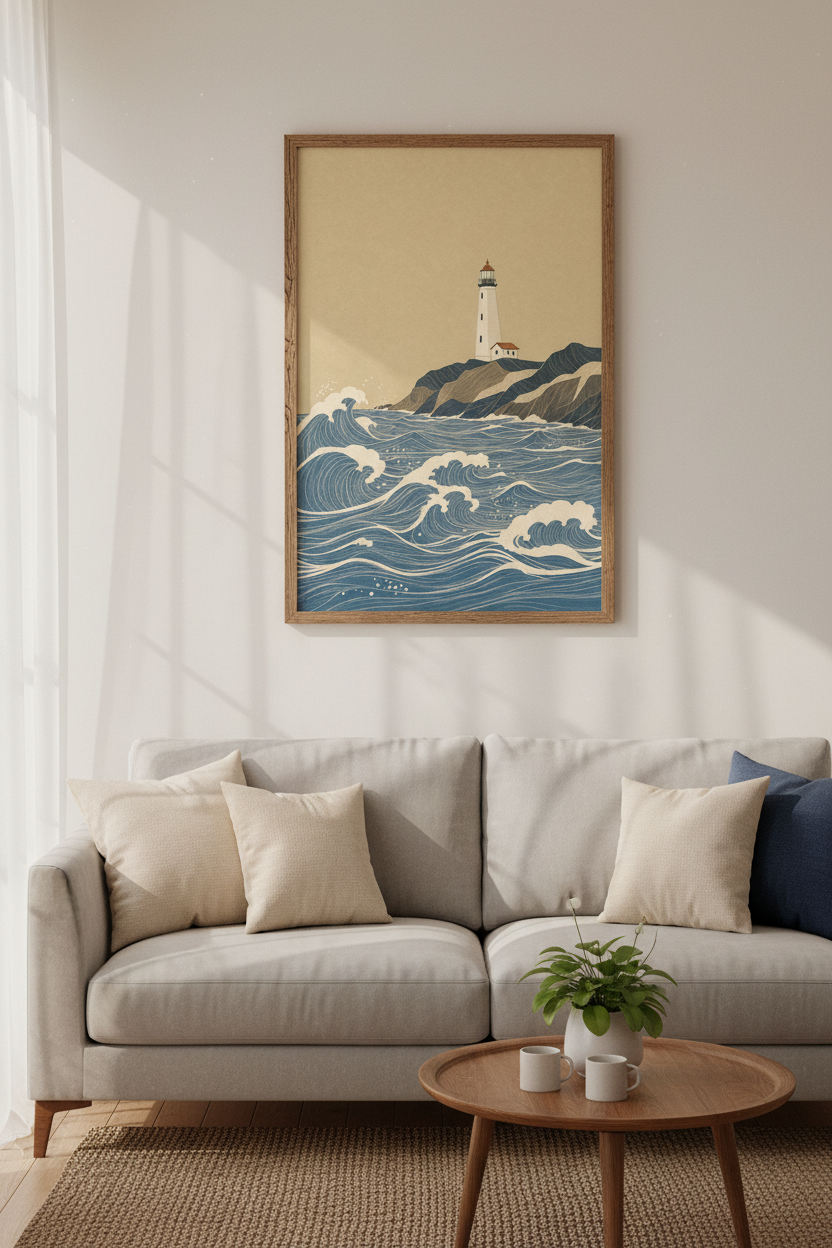 Lighthouse Ocean Waves Print | Japanese Woodblock Style, Coastal Bedroom Decor