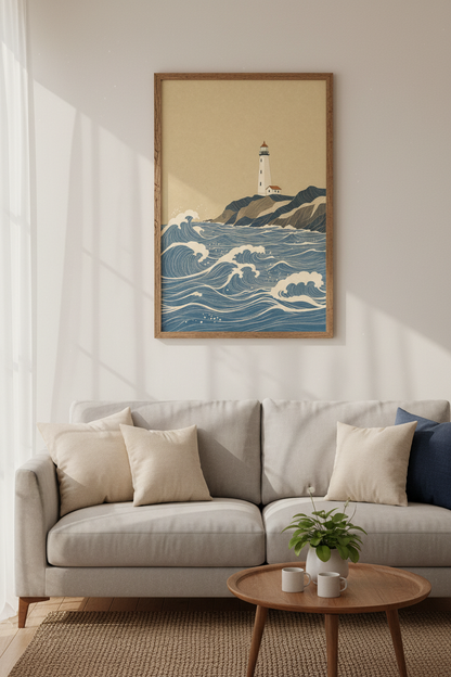 Lighthouse Ocean Waves Print | Japanese Woodblock Style, Coastal Bedroom Decor