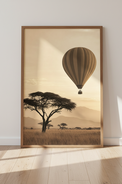 Hot Air Balloon Safari Art | Sepia Landscape, Living Room Decor