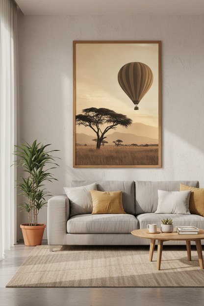 Hot Air Balloon Safari Art | Sepia Landscape, Living Room Decor