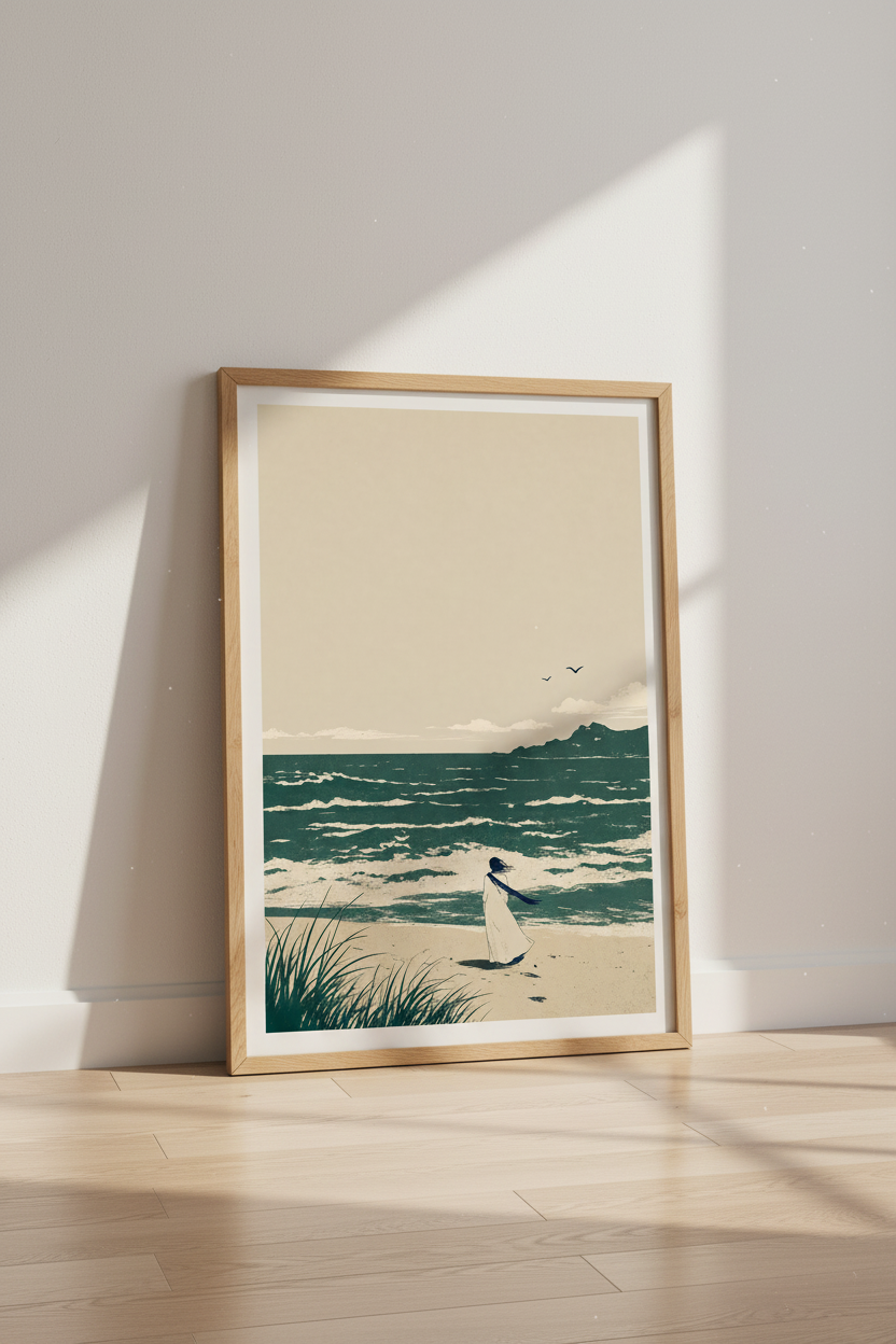 Minimalist Coastal Beach Wall Art | Teal Ocean Poster | Modern Japandi Decor