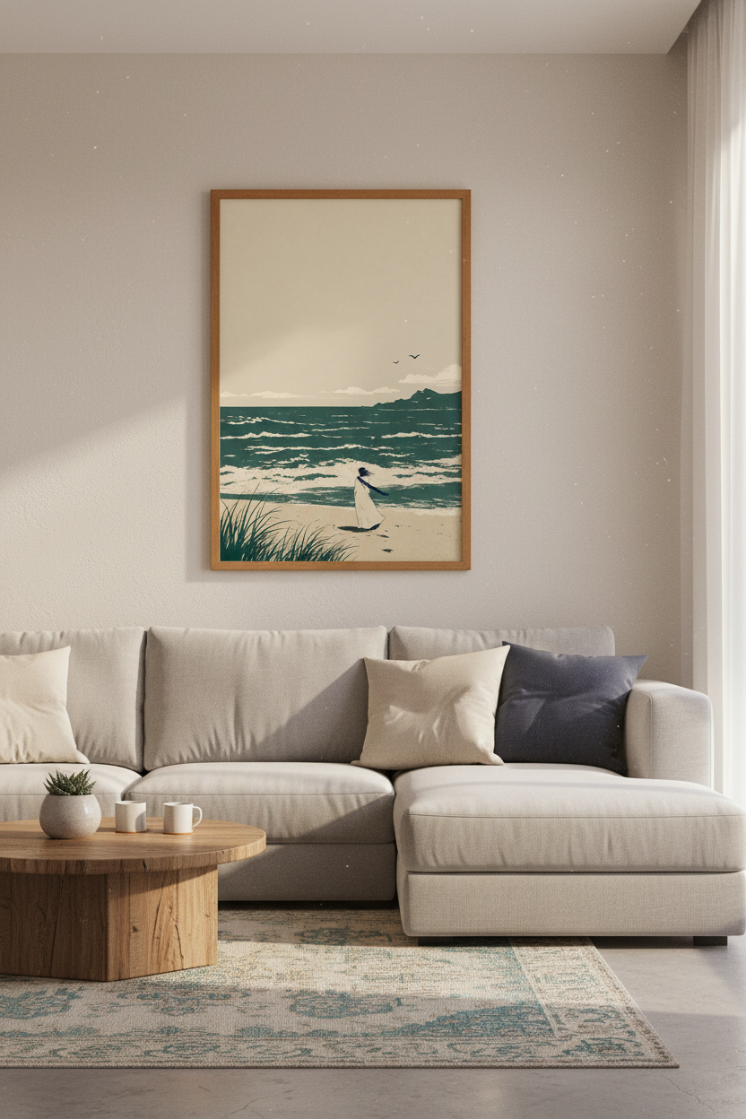 Minimalist Coastal Beach Wall Art | Teal Ocean Poster | Modern Japandi Decor