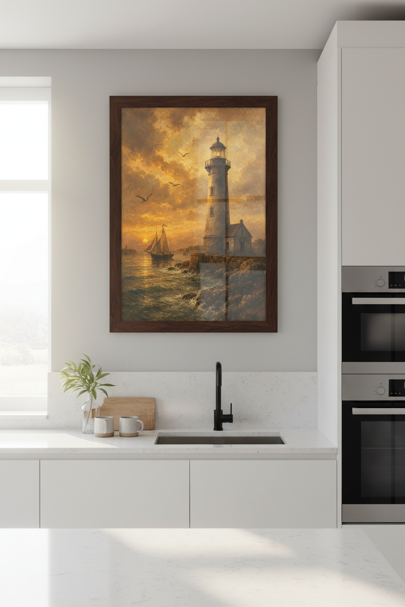 Lighthouse Wall Art | Warm Sepia Tones, Coastal Living Room Decor