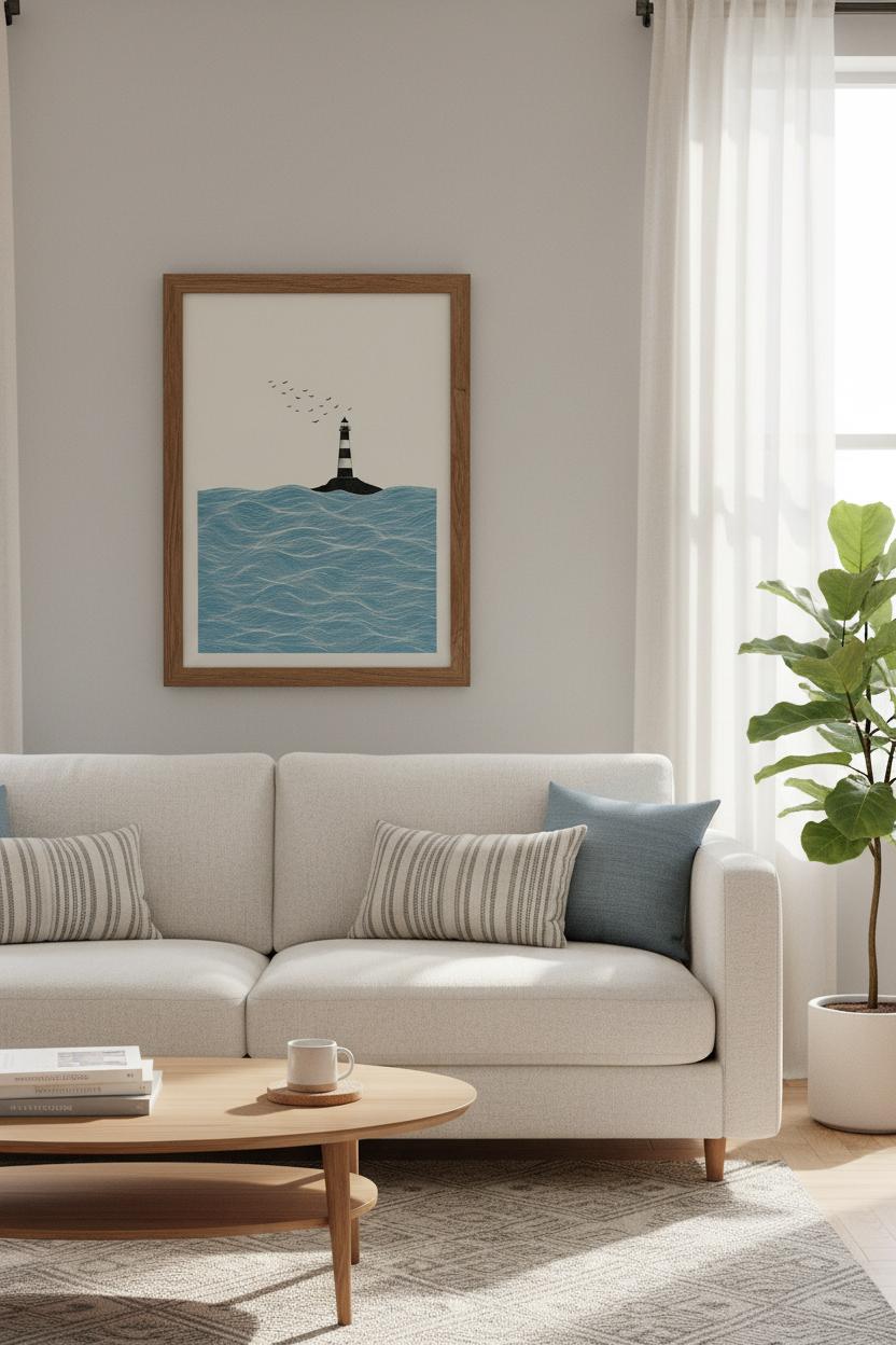 Lighthouse Ocean Wall Art | Blue Coastal Nautical Poster | Modern Beach Decor