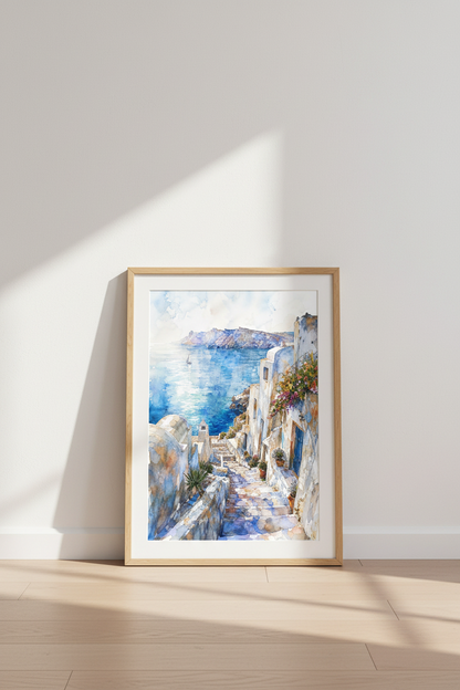 Santorini Greece Watercolor | Mediterranean Coastal Art, Living Room Poster