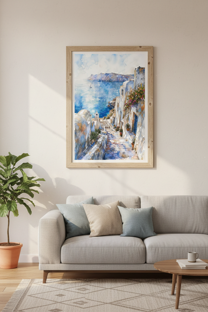 Santorini Greece Watercolor | Mediterranean Coastal Art, Living Room Poster